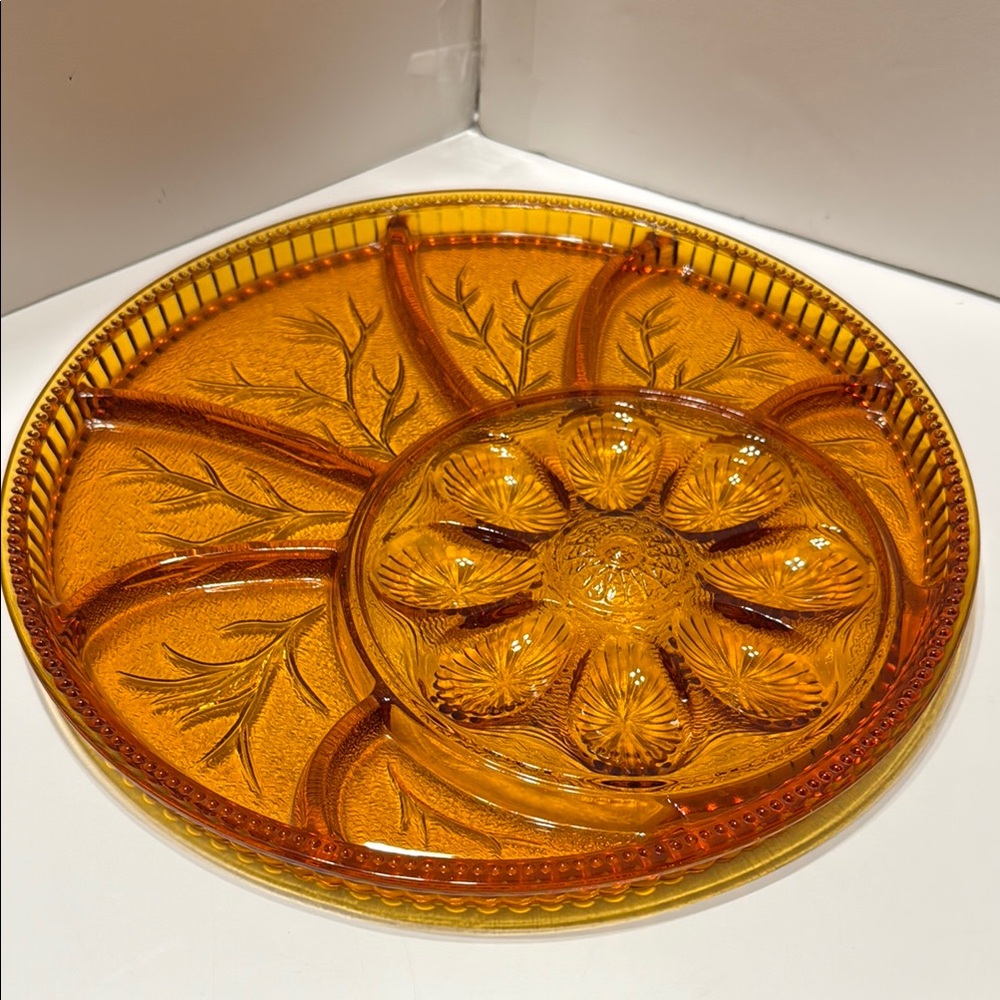 Vintage Indiana Glass Tree of Life Amber Serving Platter & Deviled Egg Tray